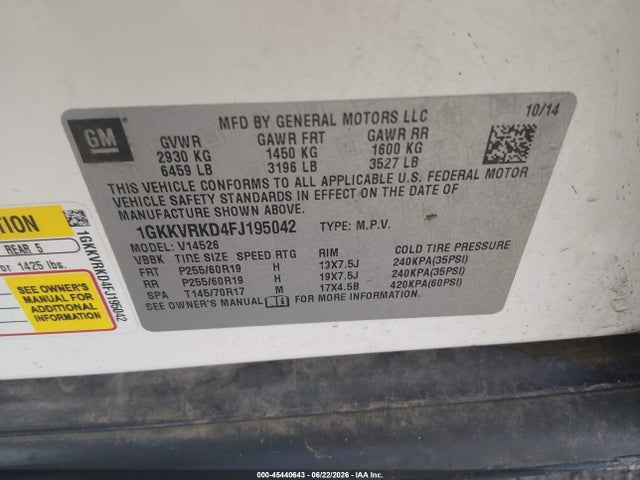 Продажа на аукционе авто 2015 Gmc Acadia Slt-1, vin: 1GKKVRKD4FJ195042, номер лота: 45440643