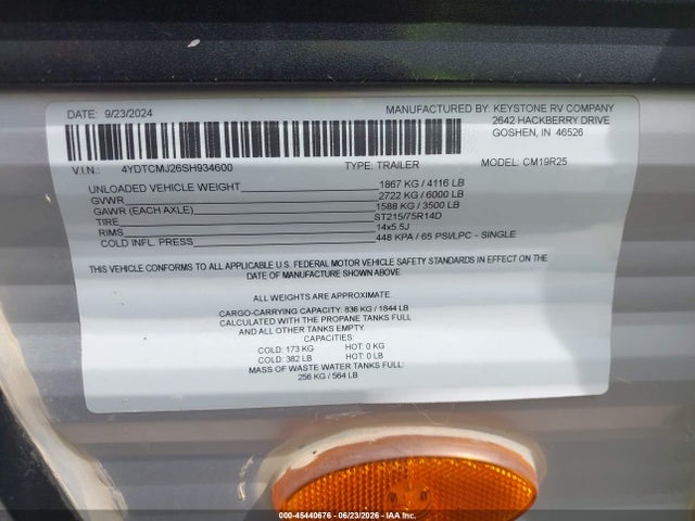 Продажа на аукционе авто 2025 Keystone Coleman M - 19r, vin: 4YDTCMJ26SH934600, номер лота: 45440676