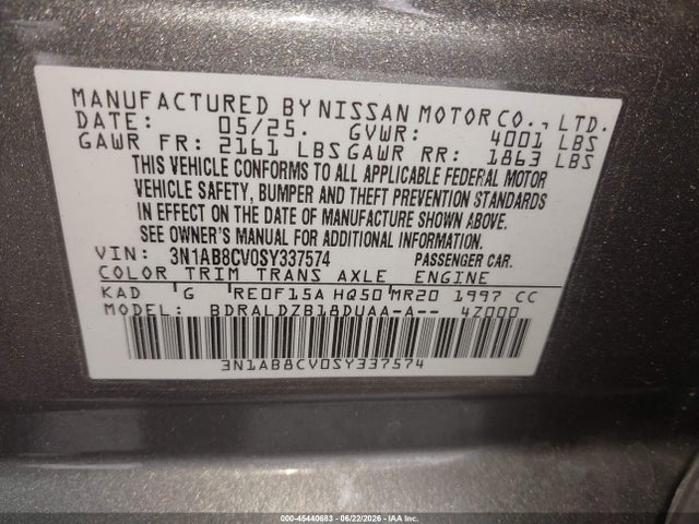 2025 Nissan Sentra Sv მანქანა იყიდება აუქციონზე, vin: 3N1AB8CV0SY337574, აუქციონის ნომერი: 45440683