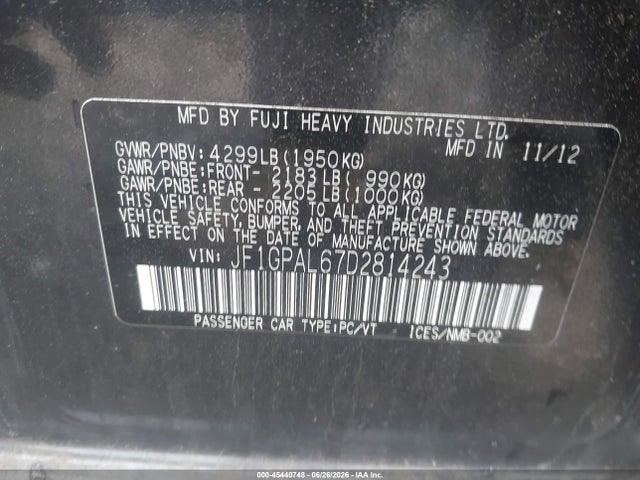 Auction sale of the 2013 Subaru Impreza 2.0i Sport Premium, vin: JF1GPAL67D2814243, lot number: 45440748