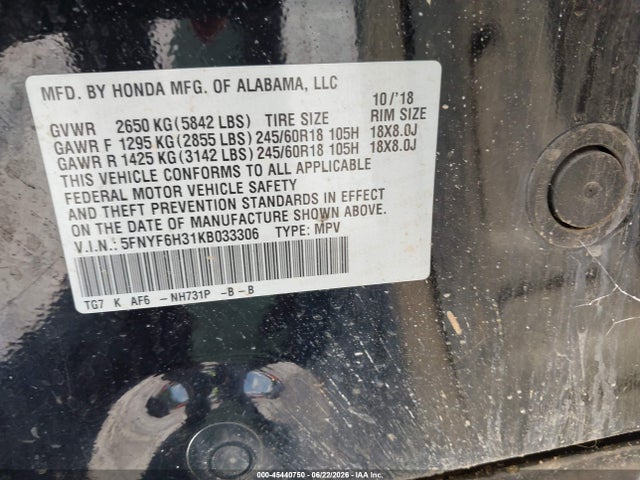 Honda Pilot Ex 2019 5FNYF6H31KB033306 Image 9