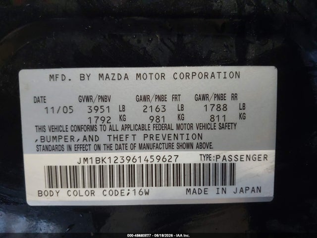 45440777 :رقم المزاد ، JM1BK123961459627 vin ، 2006 Mazda Mazda3 S مزاد بيع