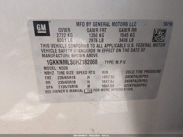 Aukcja sprzedaży 2017 Gmc Acadia Slt-1, vin: 1GKKNMLS6HZ182068, numer aukcji: 45440810