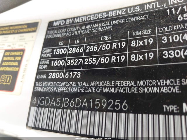 Aukcja sprzedaży 2013 Mercedes-benz Ml 350, vin: 4JGDA5JB6DA159256, numer aukcji: 45440840