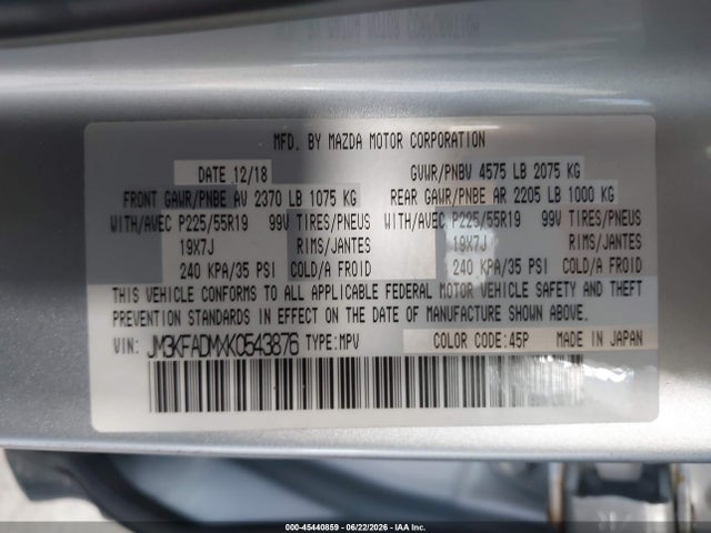 2019 Mazda Cx-5 Grand Touring მანქანა იყიდება აუქციონზე, vin: JM3KFADMXK0543876, აუქციონის ნომერი: 45440859
