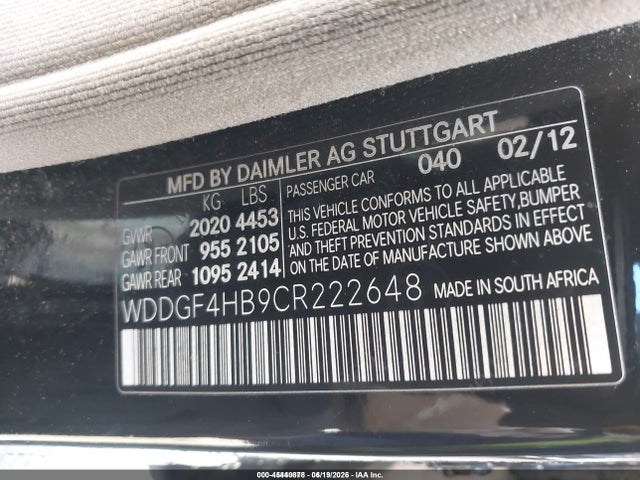 Aukcja sprzedaży 2012 Mercedes-benz C 250 Sport, vin: WDDGF4HB9CR222648, numer aukcji: 45440878