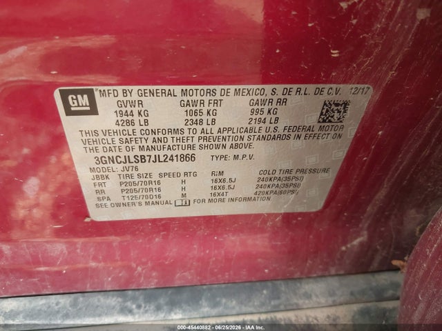 45440882 :رقم المزاد ، 3GNCJLSB7JL241866 vin ، 2018 Chevrolet Trax Lt مزاد بيع