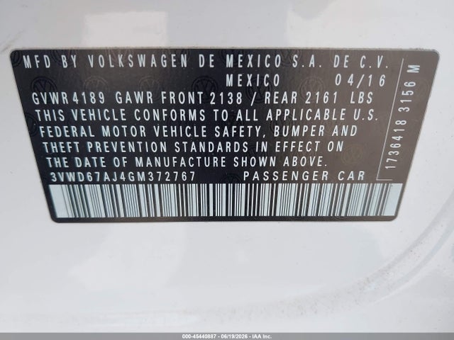 Aukcja sprzedaży 2016 Volkswagen Jetta 1.4t Se, vin: 3VWD67AJ4GM372767, numer aukcji: 45440887
