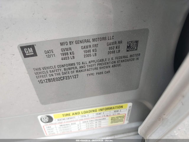 2012 Chevrolet Malibu Ls მანქანა იყიდება აუქციონზე, vin: 1G1ZB5E02CF231127, აუქციონის ნომერი: 45440914