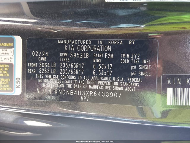 2024 Kia Carnival Mpv Lx Seat Package მანქანა იყიდება აუქციონზე, vin: KNDNB4H3XR6433907, აუქციონის ნომერი: 45440926