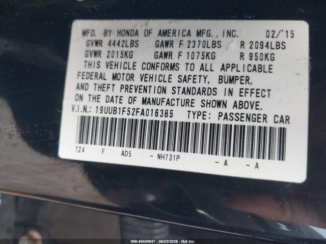 45440947 :رقم المزاد ، 19UUB1F52FA016385 vin ، 2015 Acura Tlx Tech مزاد بيع