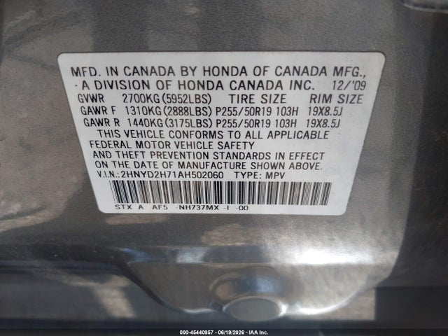 2010 Acura Mdx Advance Package მანქანა იყიდება აუქციონზე, vin: 2HNYD2H71AH502060, აუქციონის ნომერი: 45440957