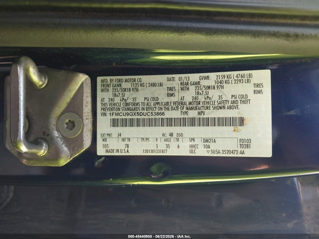 2013 Ford Escape Se მანქანა იყიდება აუქციონზე, vin: 1FMCU9GX5DUC53866, აუქციონის ნომერი: 45440958
