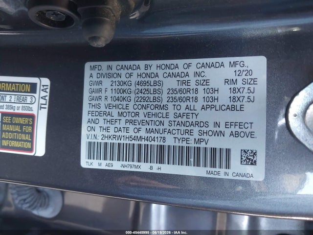 2HKRW1H54MH404178 Honda Cr-v 2wd Ex