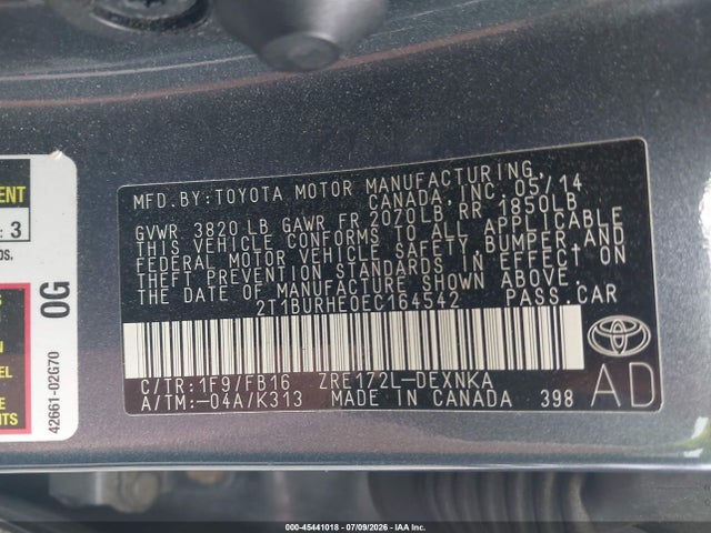 Aukcja sprzedaży 2014 Toyota Corolla Le, vin: 2T1BURHE0EC164542, numer aukcji: 45441018
