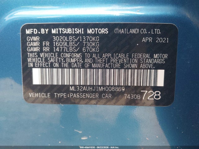 2021 Mitsubishi Mirage Carbonite Edition/es/le მანქანა იყიდება აუქციონზე, vin: ML32AUHJ1MH008869, აუქციონის ნომერი: 45441030
