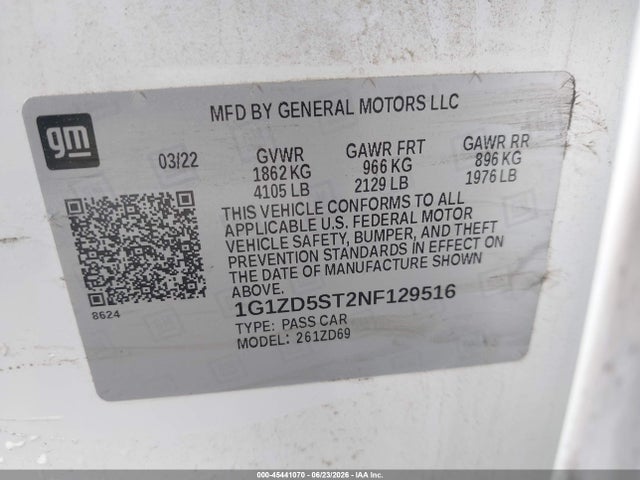 45441070 :رقم المزاد ، 1G1ZD5ST2NF129516 vin ، 2022 Chevrolet Malibu Fwd Lt مزاد بيع