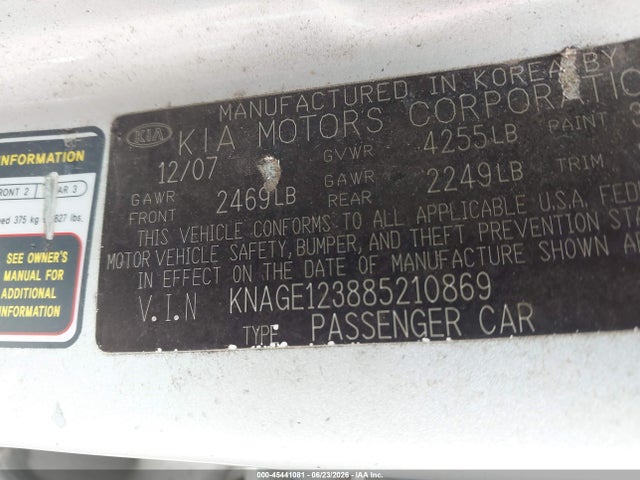 2008 Kia Optima Ex მანქანა იყიდება აუქციონზე, vin: KNAGE123885210869, აუქციონის ნომერი: 45441081