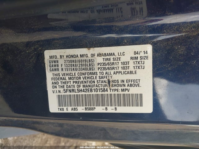Aukcja sprzedaży 2014 Honda Odyssey Ex, vin: 5FNRL5H42EB101584, numer aukcji: 45441089