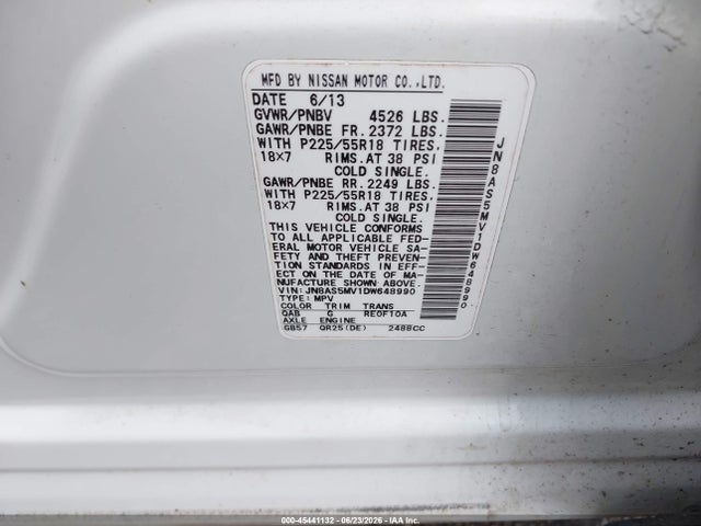 2013 Nissan Rogue Sv W/sl Pkg მანქანა იყიდება აუქციონზე, vin: JN8AS5MV1DW648990, აუქციონის ნომერი: 45441132