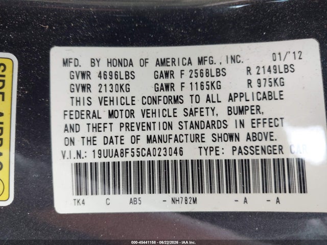 2012 Acura Tl 3.5 მანქანა იყიდება აუქციონზე, vin: 19UUA8F55CA023046, აუქციონის ნომერი: 45441158
