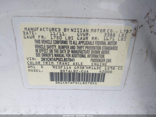 Продаж на аукціоні авто 2012 Nissan Versa 1.6 Sv, vin: 3N1CN7AP5CL857041, номер лоту: 45441223