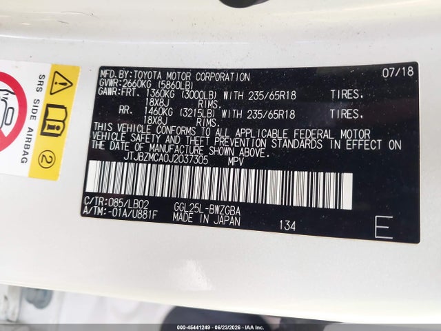 45441249 :رقم المزاد ، JTJBZMCA0J2037305 vin ، 2018 Lexus Rx 350 مزاد بيع
