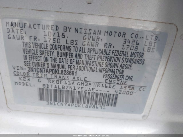 3N1CN7AP0KL828691 Nissan Versa 1.6 Sv