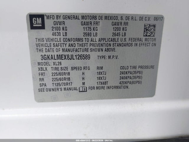45441312 :رقم المزاد ، 3GKALMEX8JL126589 vin ، 2018 Gmc Terrain Sle مزاد بيع