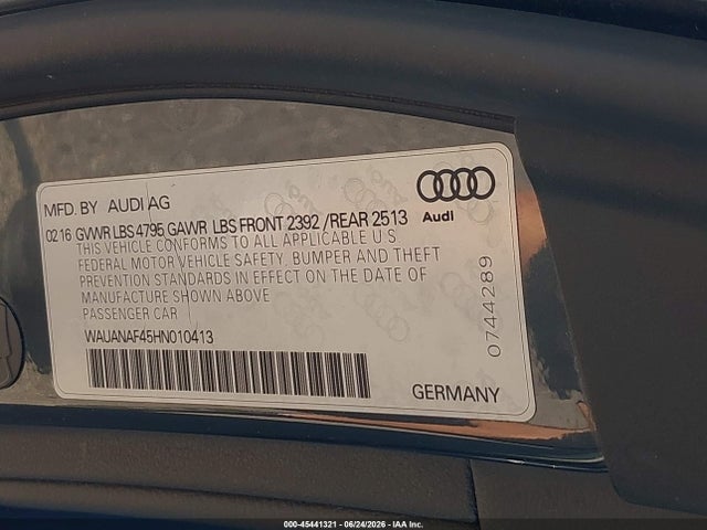 2017 Audi A4 Premium მანქანა იყიდება აუქციონზე, vin: WAUANAF45HN010413, აუქციონის ნომერი: 45441321
