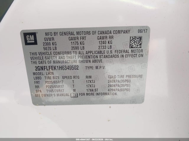Aukcja sprzedaży 2017 Chevrolet Equinox Lt, vin: 2GNFLFEK1H6349502, numer aukcji: 45441357