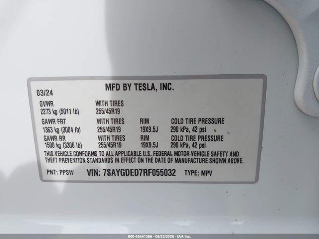 Продажа на аукционе авто 2024 Tesla Model Y Long Range Single Motor Rear-wheel Drive/rwd, vin: 7SAYGDED7RF055032, номер лота: 45441366
