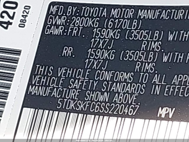 Продажа на аукционе авто 2025 Toyota Sienna Le, vin: 5TDKSKFC6SS220467, номер лота: 45441375