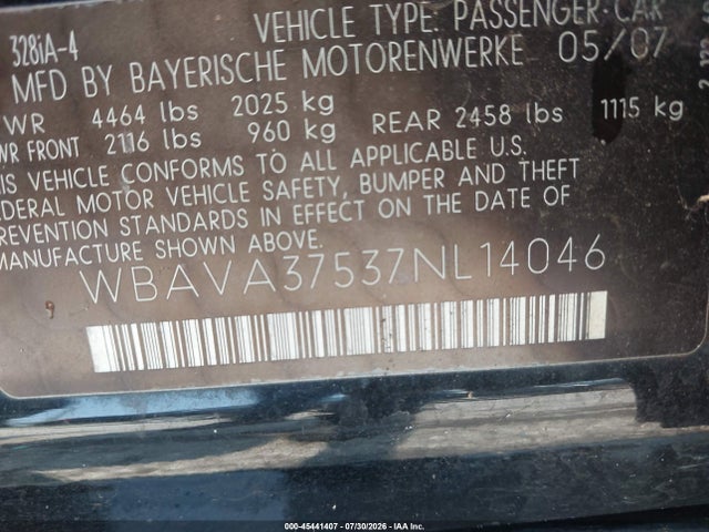 45441407 :رقم المزاد ، WBAVA37537NL14046 vin ، 2007 Bmw 328i مزاد بيع