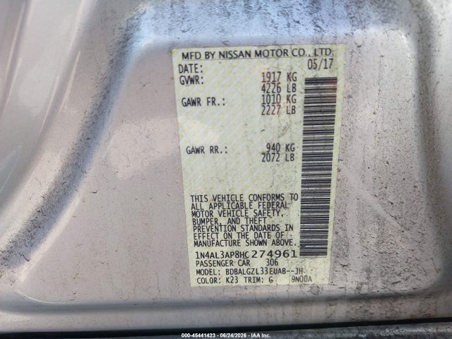 2017 Nissan Altima 2.5 S მანქანა იყიდება აუქციონზე, vin: 1N4AL3AP8HC274961, აუქციონის ნომერი: 45441423