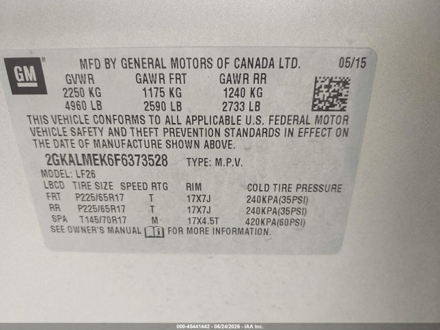 Продаж на аукціоні авто 2015 Gmc Terrain Sle-1, vin: 2GKALMEK6F6373528, номер лоту: 45441442