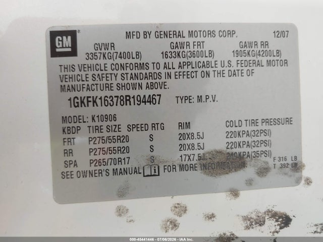 Aukcja sprzedaży 2008 Gmc Yukon Xl 1500 Slt, vin: 1GKFK16378R194467, numer aukcji: 45441446