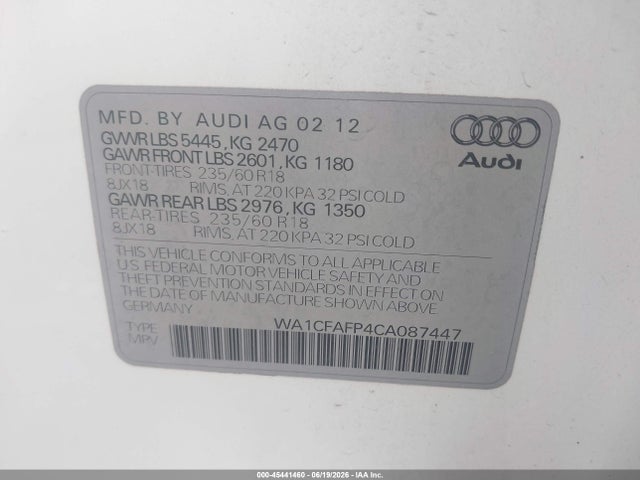 45441460 :رقم المزاد ، WA1CFAFP4CA087447 vin ، 2012 Audi Q5 2.0t Premium مزاد بيع