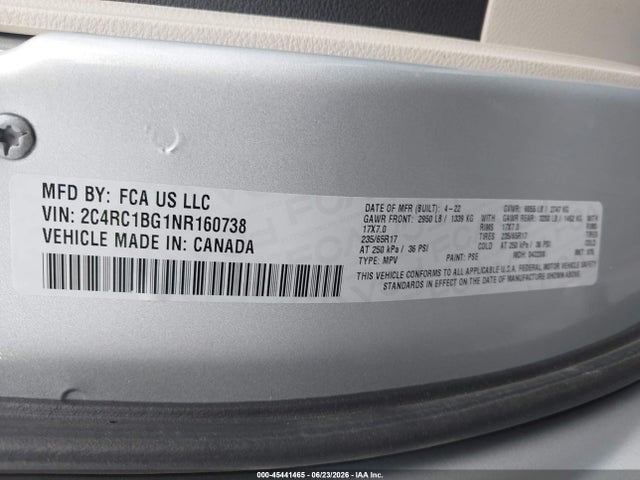 Продаж на аукціоні авто 2022 Chrysler Pacifica Touring L, vin: 2C4RC1BG1NR160738, номер лоту: 45441465