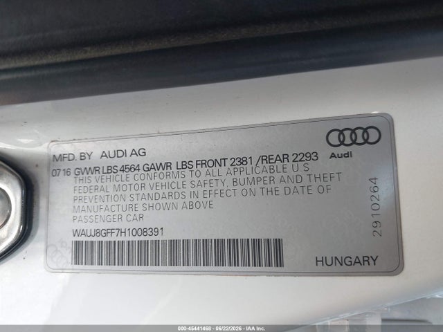 45441468 :رقم المزاد ، WAUJ8GFF7H1008391 vin ، 2017 Audi A3 Premium Plus مزاد بيع