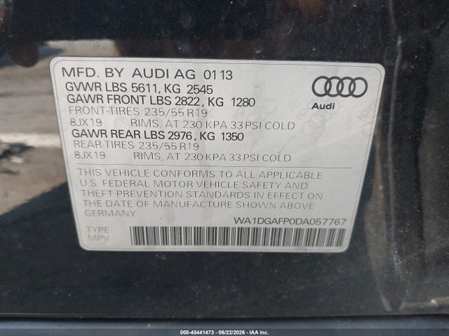 45441473 :رقم المزاد ، WA1DGAFP0DA057767 vin ، 2013 Audi Q5 3.0t Premium Plus مزاد بيع