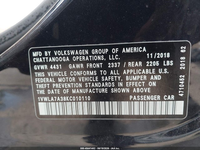 Aukcja sprzedaży 2019 Volkswagen Passat 2.0t Wolfsburg Edition, vin: 1VWLA7A38KC010110, numer aukcji: 45441482