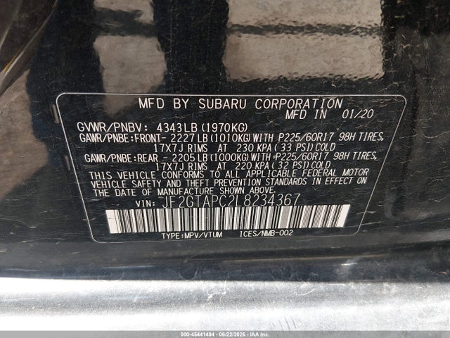 Продаж на аукціоні авто 2020 Subaru Crosstrek Premium, vin: JF2GTAPC2L8234367, номер лоту: 45441494