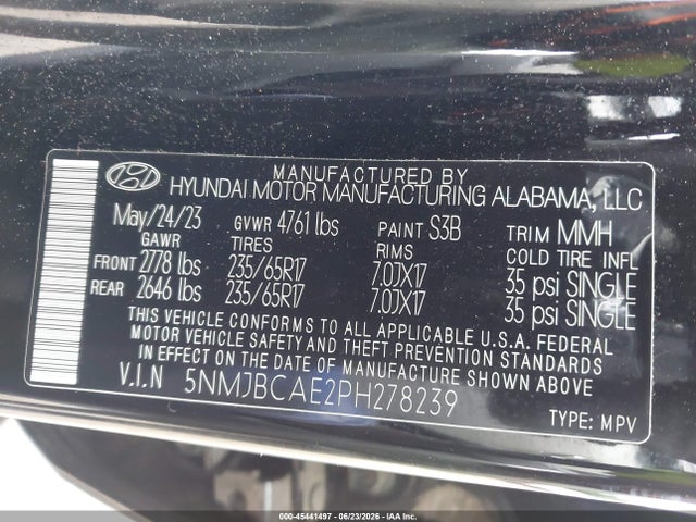 45441497 :رقم المزاد ، 5NMJBCAE2PH278239 vin ، 2023 Hyundai Tucson Sel مزاد بيع