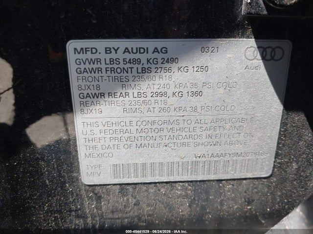 2021 Audi Q5 Premium 45 Tfsi Quattro S Tronic მანქანა იყიდება აუქციონზე, vin: WA1AAAFY9M2078169, აუქციონის ნომერი: 45441529