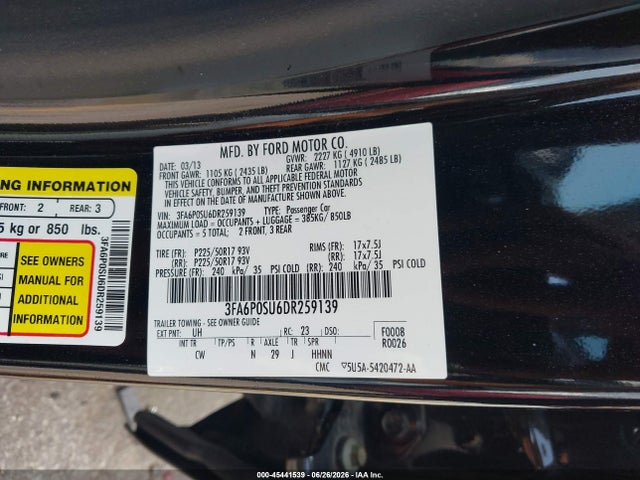 Продажа на аукционе авто 2013 Ford Fusion Energi Titanium, vin: 3FA6P0SU6DR259139, номер лота: 45441539