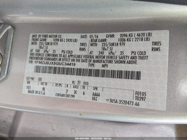 45441584 :رقم المزاد ، 1FMCU0JX5GUC34419 vin ، 2016 Ford Escape Titanium مزاد بيع