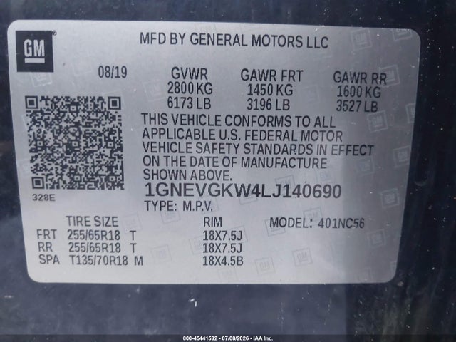 2020 Chevrolet Traverse Awd Lt Cloth მანქანა იყიდება აუქციონზე, vin: 1GNEVGKW4LJ140690, აუქციონის ნომერი: 45441592