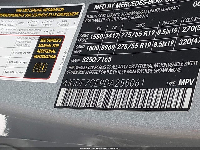 45441594 :رقم المزاد ، 4JGDF7CE9DA258061 vin ، 2013 Mercedes-benz Gl 450 4matic مزاد بيع