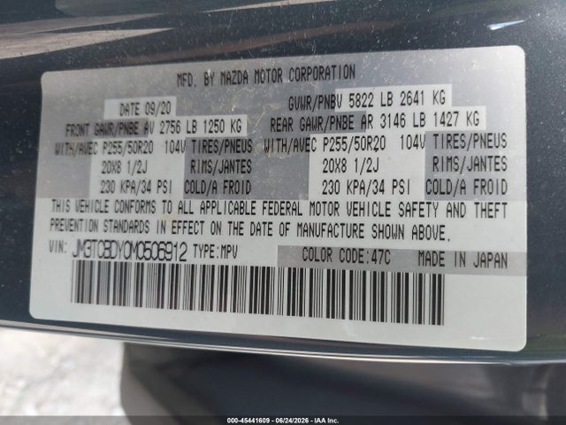 2021 Mazda Cx-9 Carbon Edition მანქანა იყიდება აუქციონზე, vin: JM3TCBDY0M0506912, აუქციონის ნომერი: 45441609